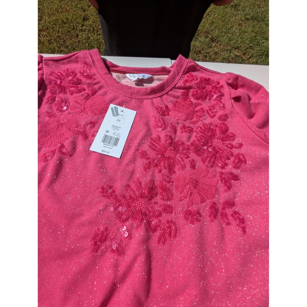 Crown & Ivy Sweatshirt Women 2X Pink New Floral Sequin Puff Sleeve Glitter 90